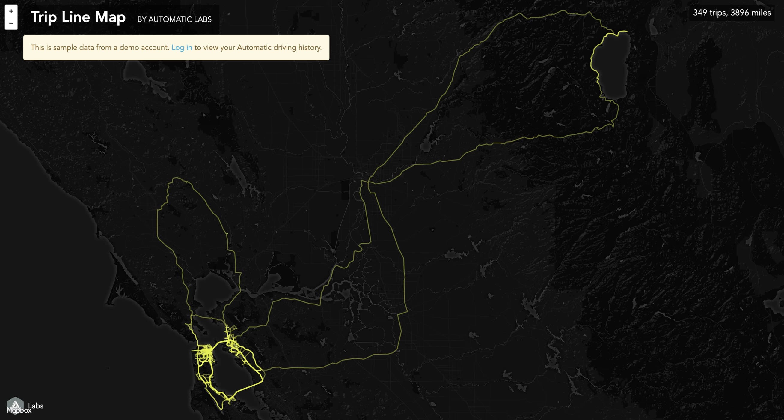 Automatic Labs Trip Line Map displaying sample driving routes on a dark basemap.