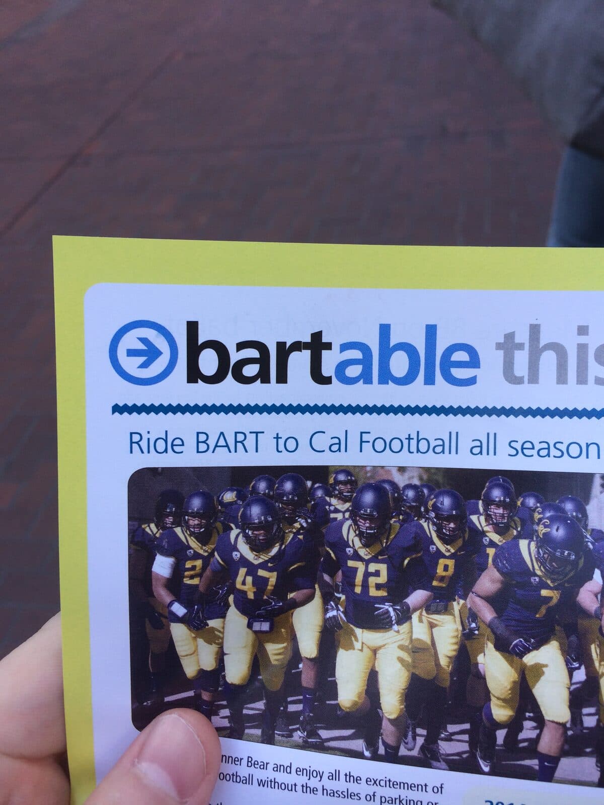 The BARTable logo on a printed promotion for riding BART to Cal football games.