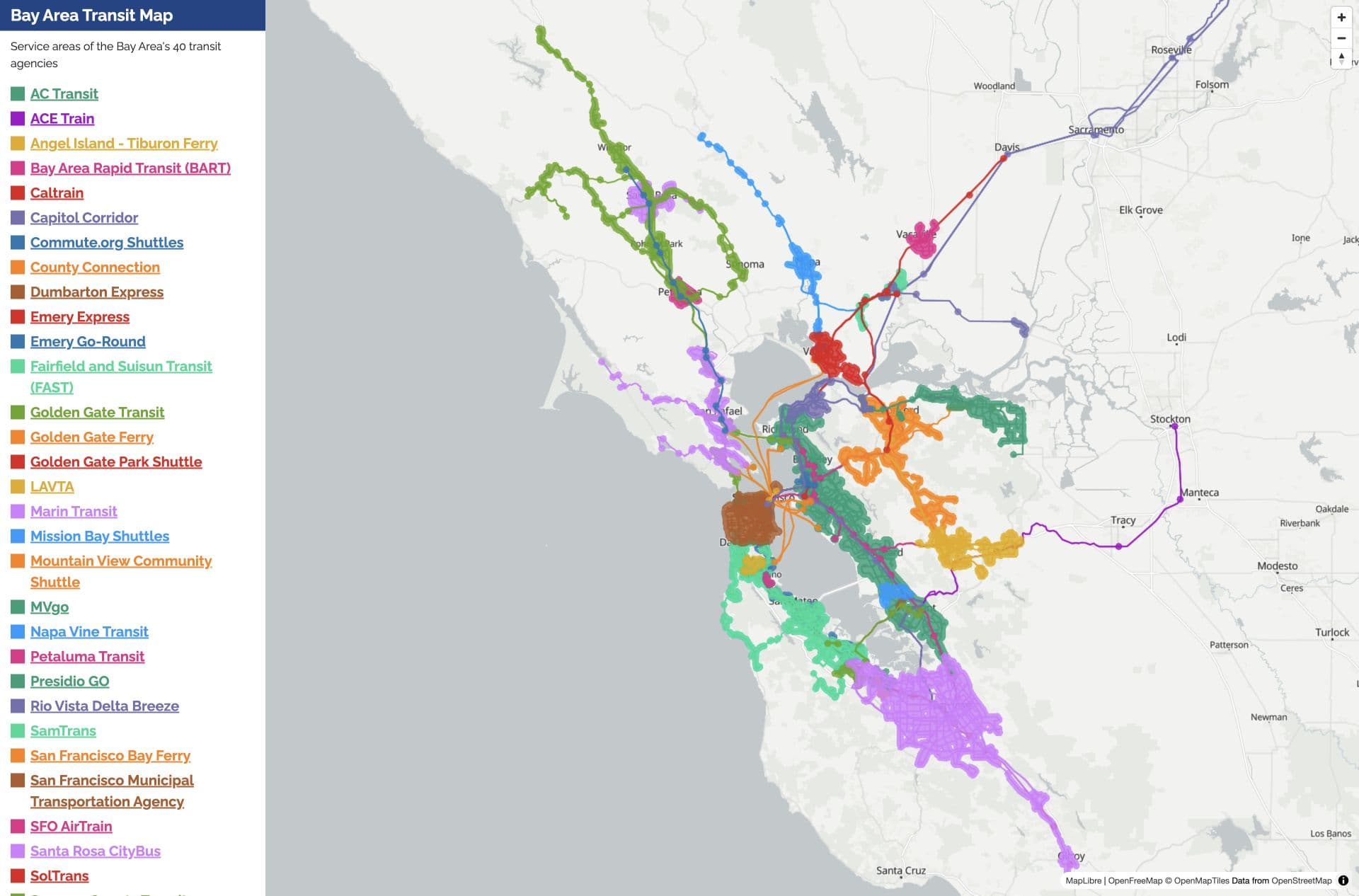 Bay Area Transit Map showing service areas for 40 transit agencies