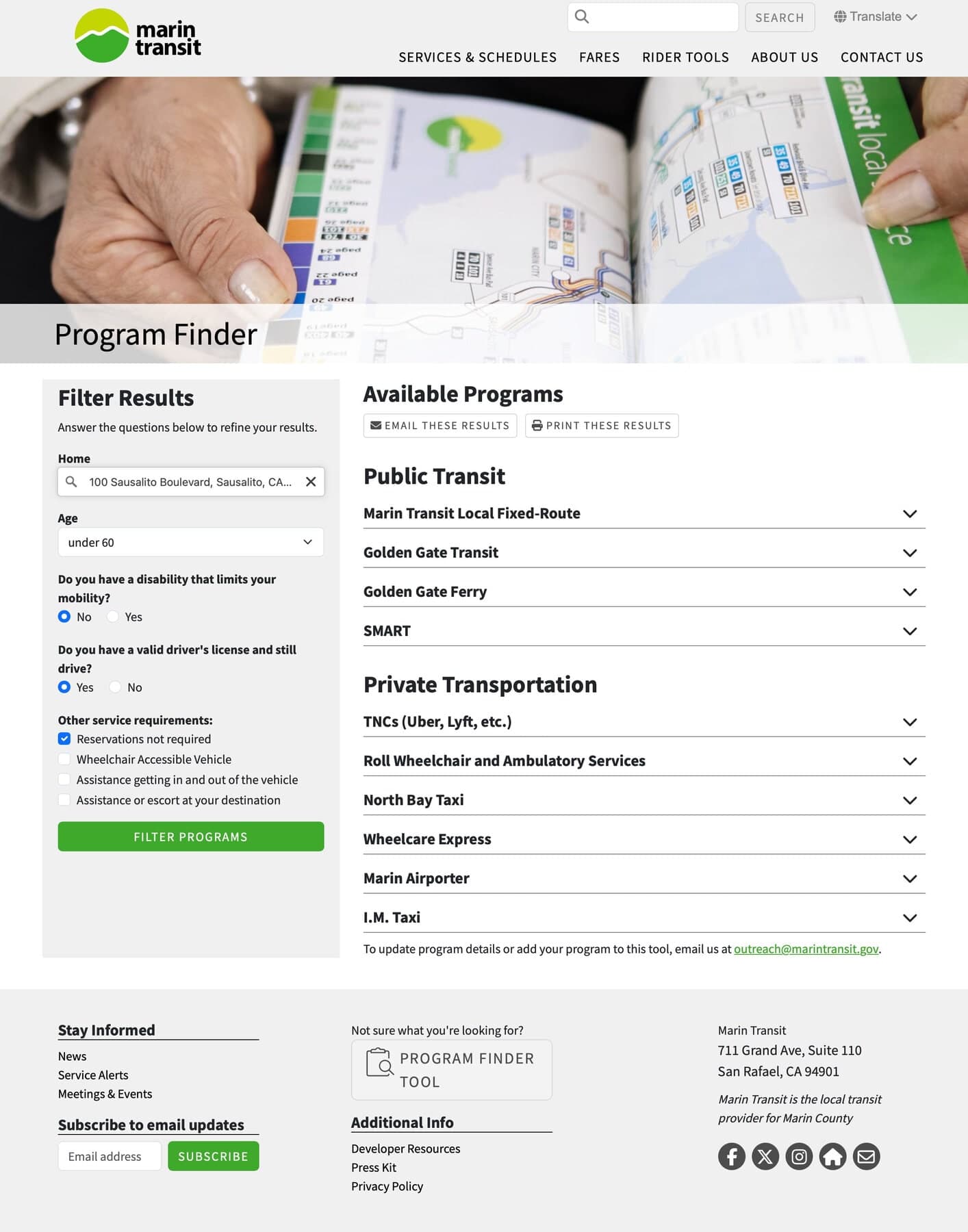 Marin Transit Program Finder showing location, age, and mobility filters alongside available transportation programs.