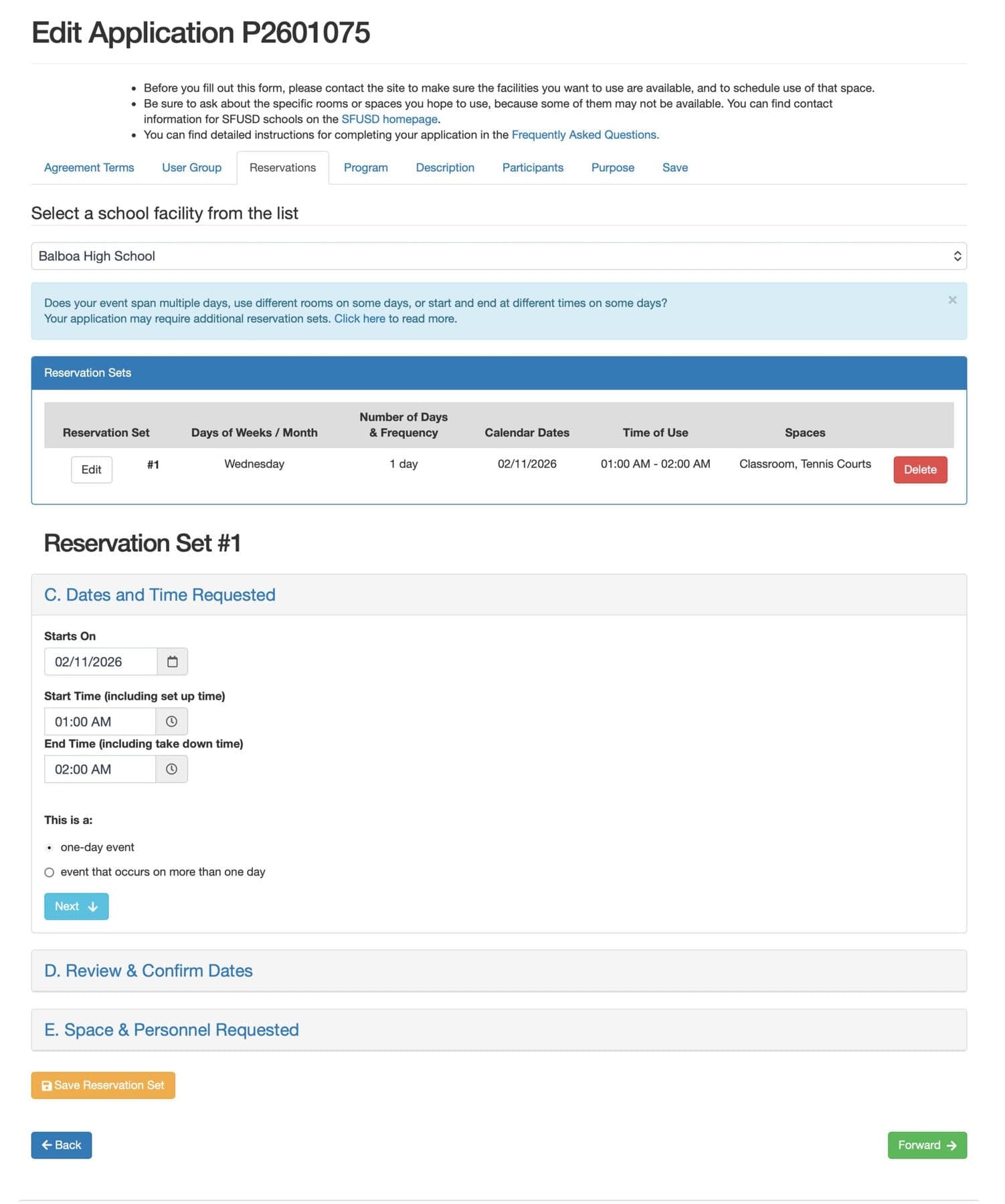SFUSD facility permit application with school selection, reservation sets, requested dates and times, and space and personnel sections.