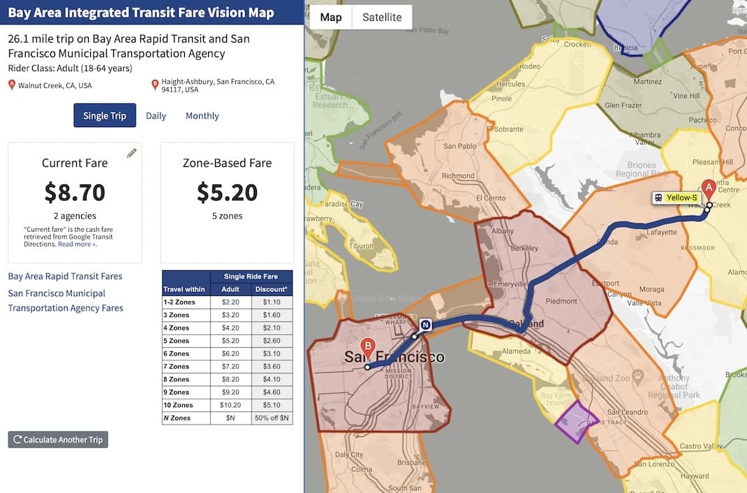 Seamless Bay Area: An interactive comparison of existing fares and a proposed integrated fare system.