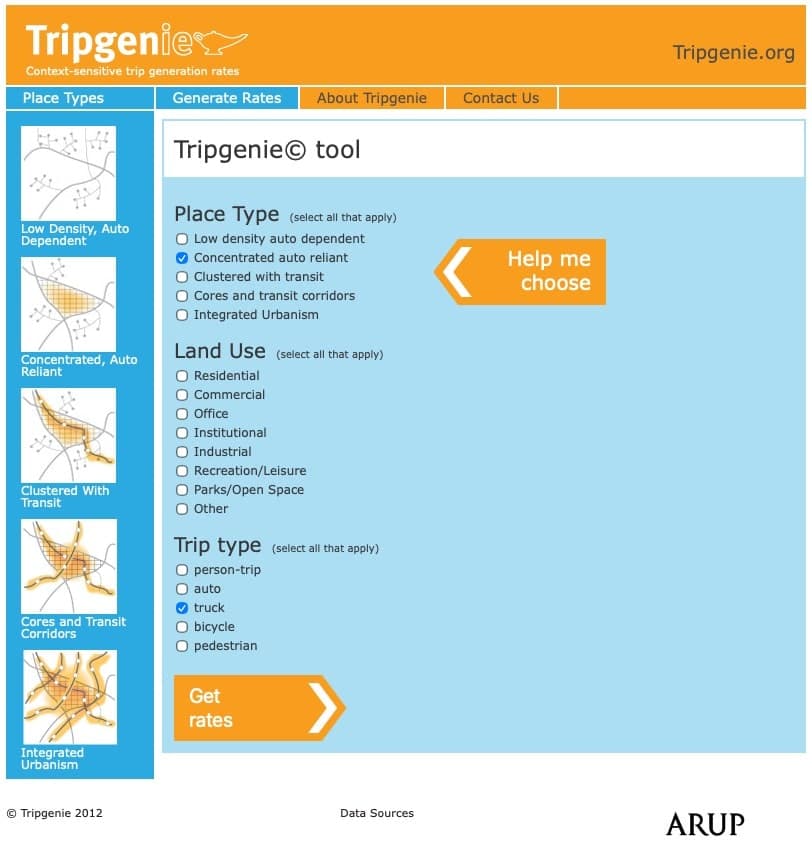 TripGenie rate lookup with five illustrated place types, land-use and trip-mode filters, and a Help me choose button.