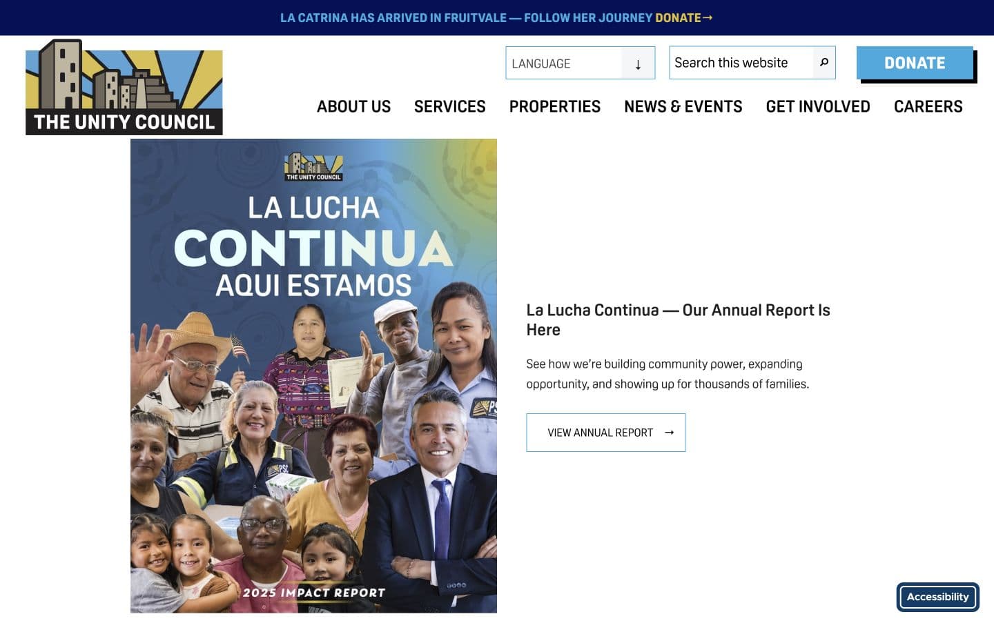 The Unity Council website with navigation for services, properties, news, and community involvement