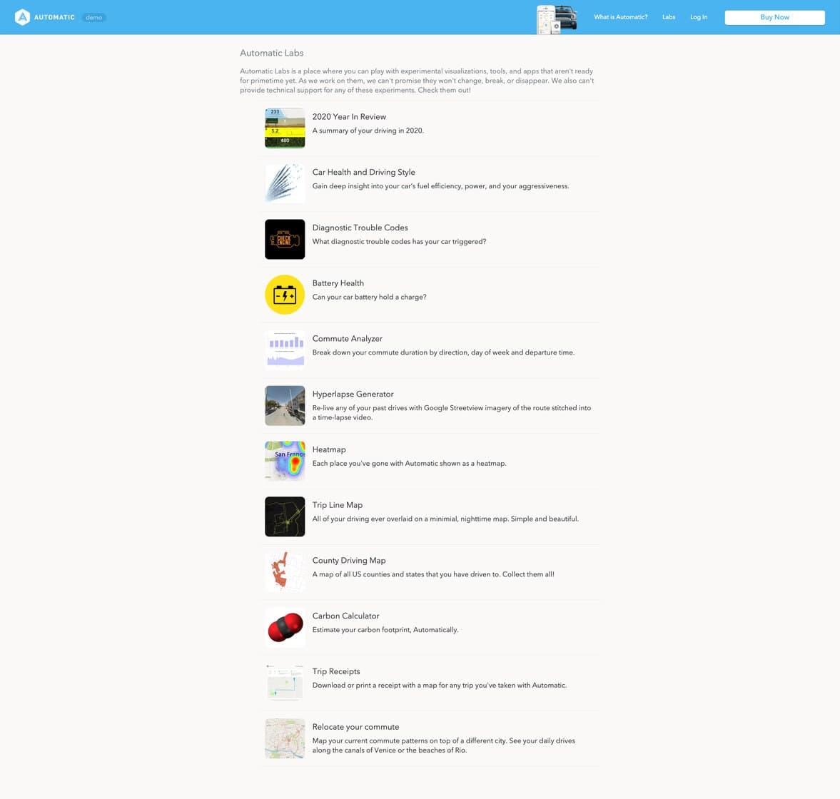 Automatic Labs directory listing its driving analysis, vehicle health, mapping, and trip receipt tools.