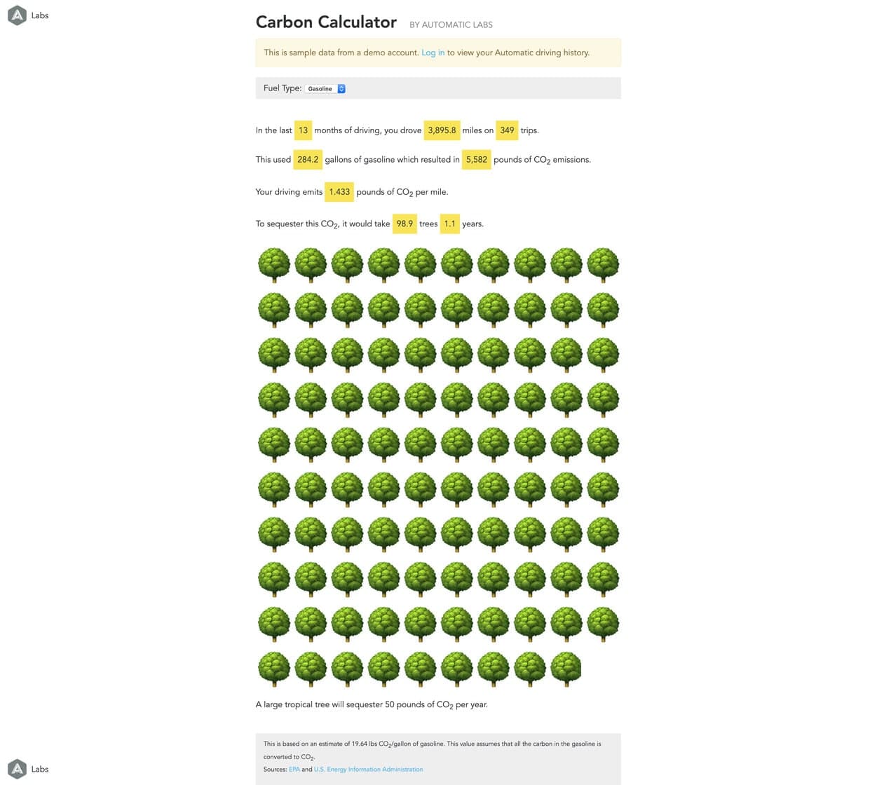 Carbon Calculator showing sample mileage, fuel use, estimated carbon emissions, and a grid of tree illustrations.