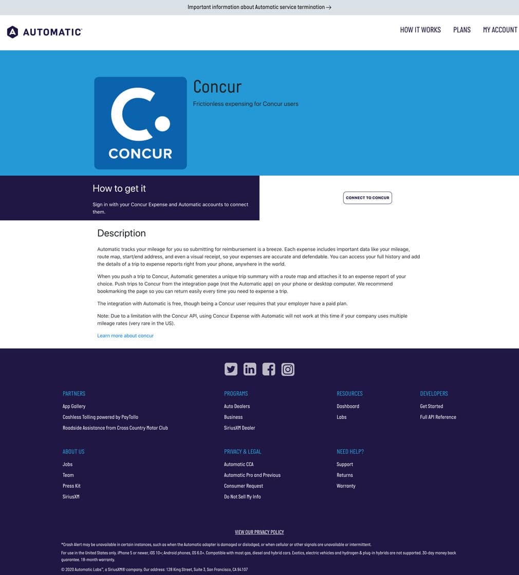 Archived Automatic app listing describing the Concur mileage reimbursement integration.