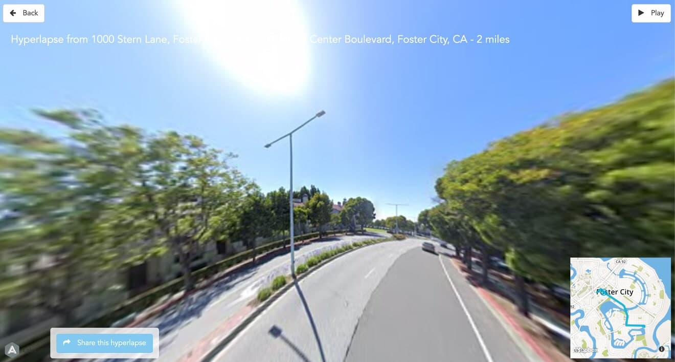 Hyperlapse Generator showing a street-level route replay with play controls and a small route map.