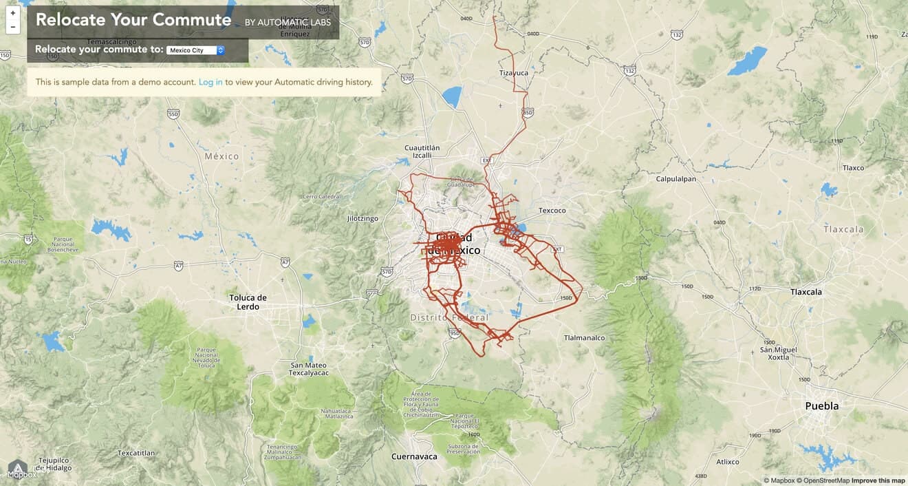 Recorded trip routes overlaid on a map of Mexico City in Relocate Your Commute.