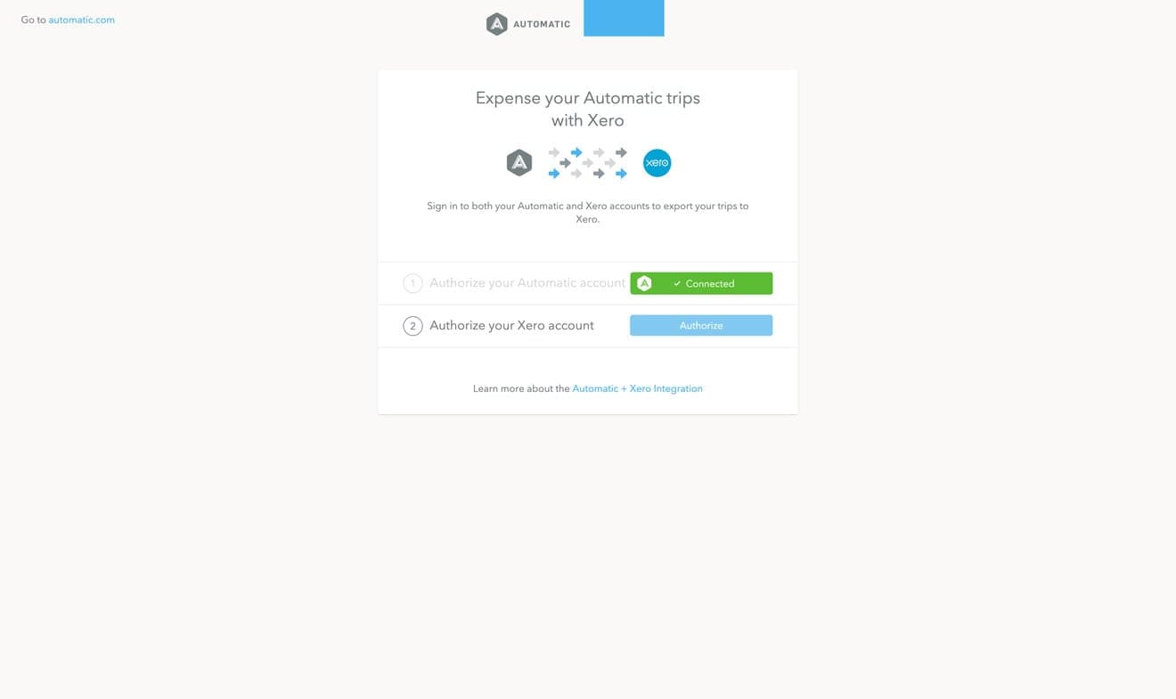 Automatic and Xero account authorization screen, with Automatic connected and Xero awaiting authorization.