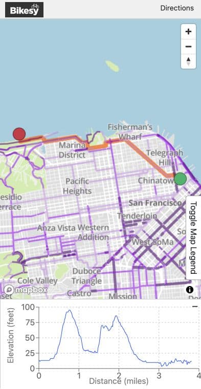 Current Bikesy mobile web planner showing a San Francisco bike route and elevation profile in an iPhone-style frame.