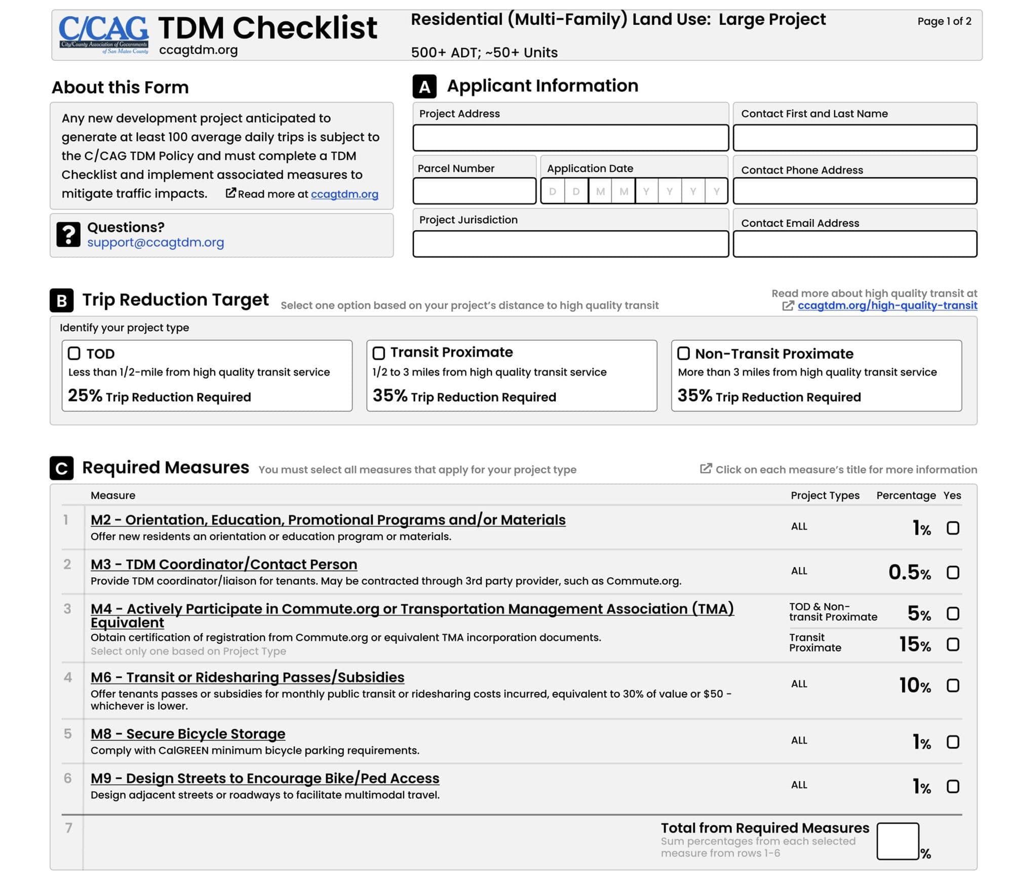 Excerpt from the C/CAG residential multi-family TDM checklist, showing applicant information, trip-reduction targets, required measures, and fields for calculating their total.