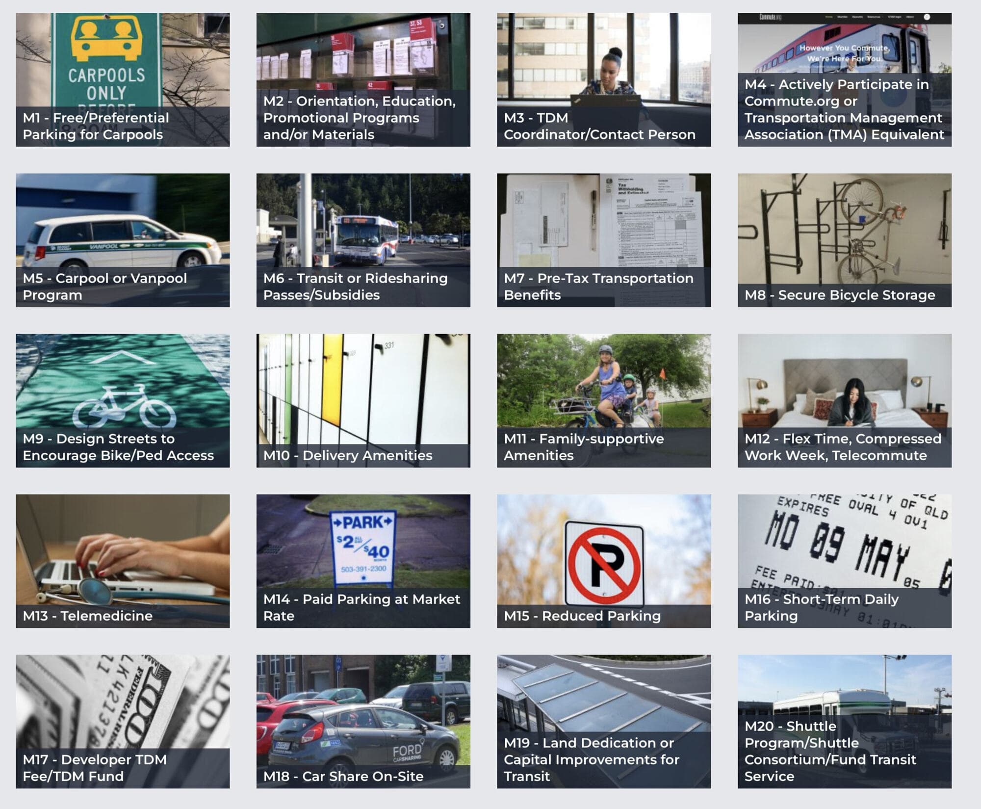 C/CAG TDM measures directory with illustrated entries for carpool parking, transit passes, bicycle storage, and other trip-reduction measures.