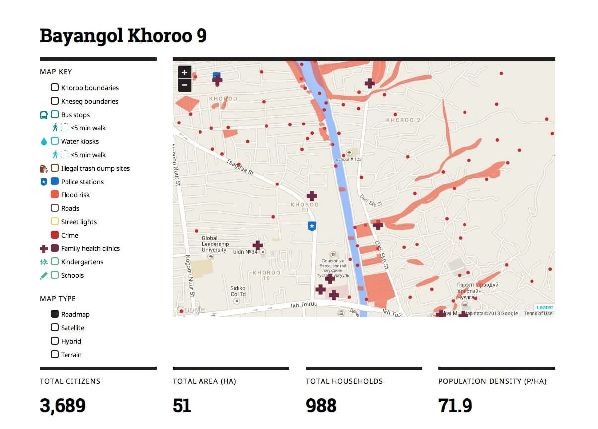 Bayangol Khoroo 9 map showing flood risk, crime, health clinics, and neighborhood population indicators.
