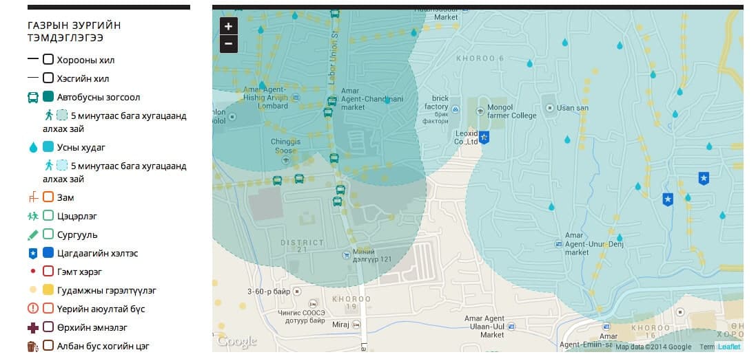 Mongolian-language neighborhood map showing bus stops, water kiosks, and shaded five-minute walking areas.