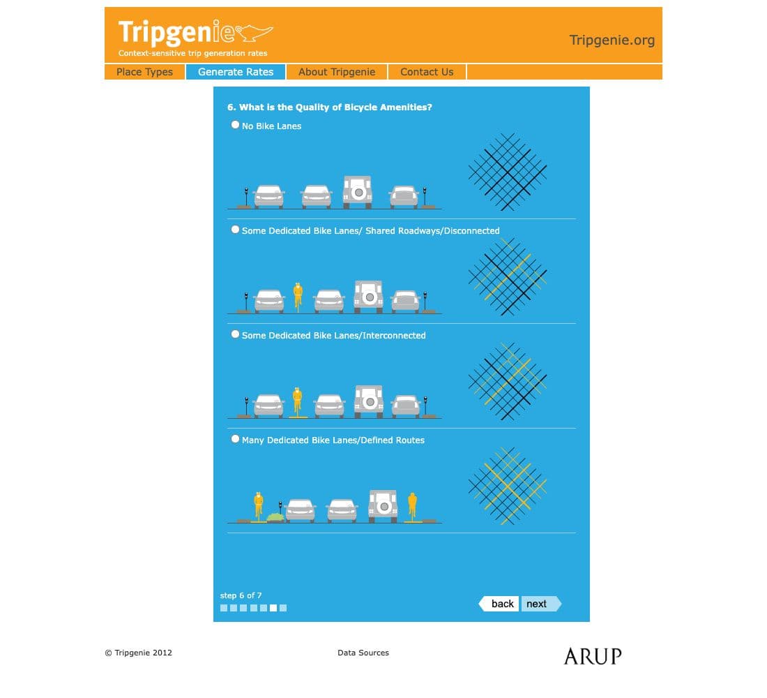 Step 6 of TripGenie’s place-type wizard, with illustrations comparing bicycle lanes, shared roadways, and connected cycling networks.
