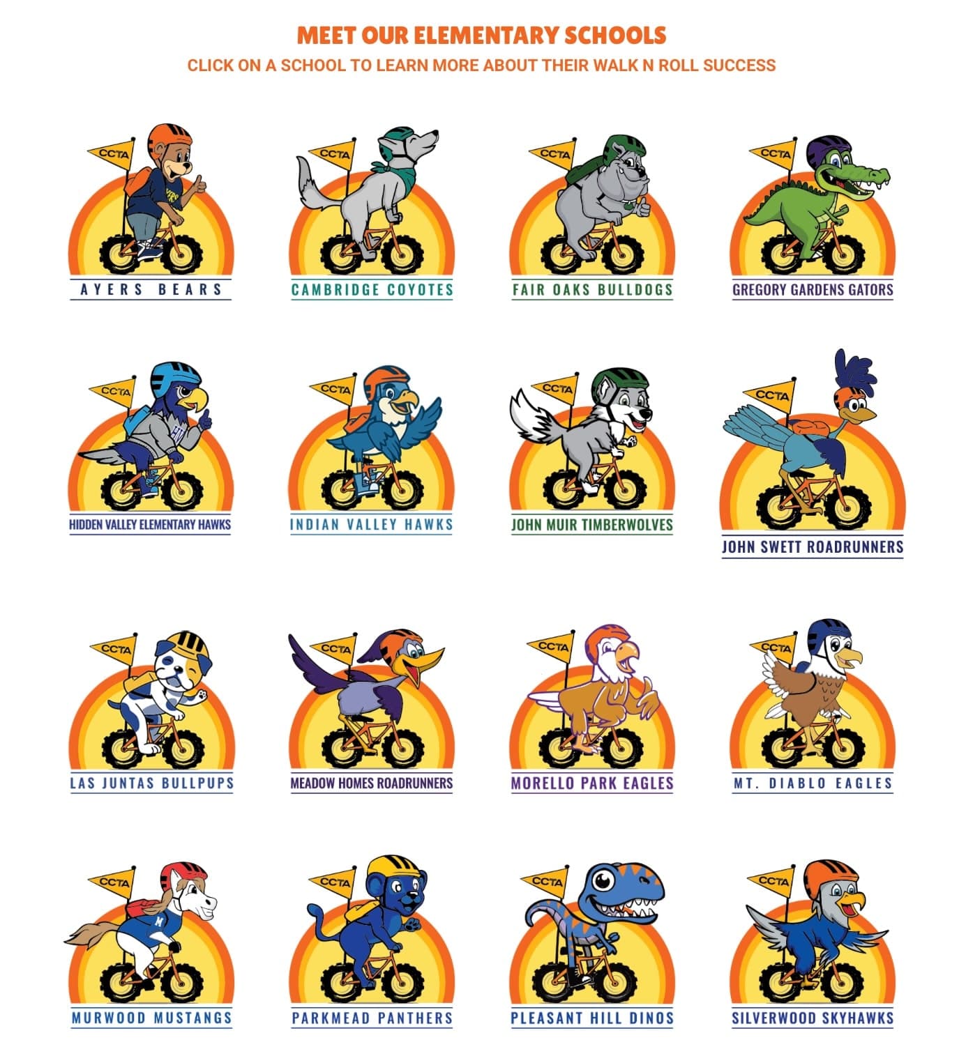 Walk N Roll school selection with illustrated mascots and names of participating elementary schools